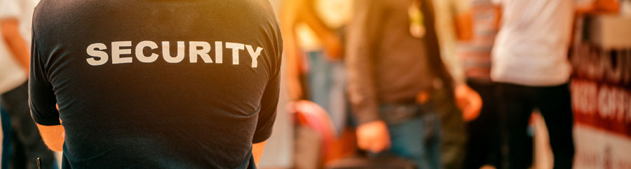 back of a security officer facing a crowd